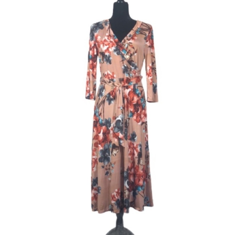 Elegant Floral Wrap Dress - Tan and dark orange